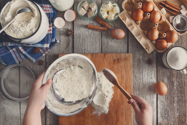 istock Making dough top view on rustic wood background 850769196