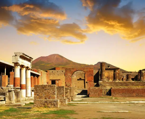 Ancient city of Pompeii at sunset, Italy. Roman town destroyed by Vesuvius volcano.