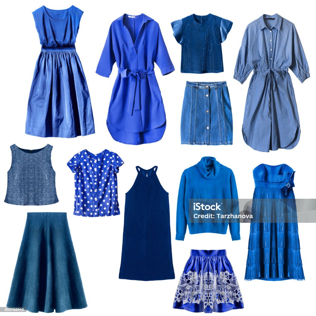 Blue clothes isolated Set of blue woman clothes isolated over white Cut Out Stock Photo