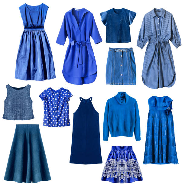 Blue clothes isolated Set of blue woman clothes isolated over white skirt photos stock pictures, royalty-free photos & images