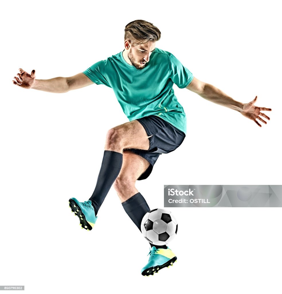 soccer player man jungling isolated white background one caucasian soccer player man jungling isolated on white background White Background Stock Photo