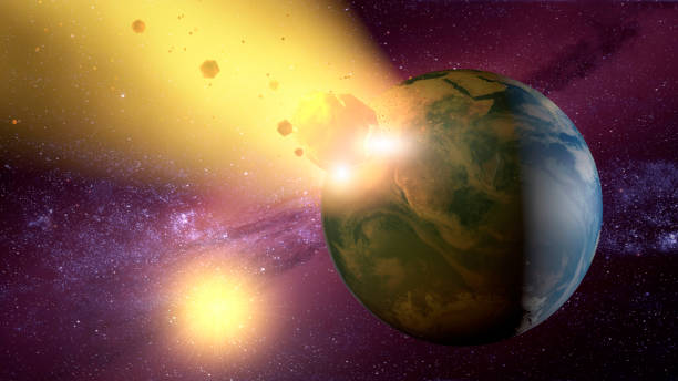 istock 3d rendering. Meteorite crashing against planet earth 850801134