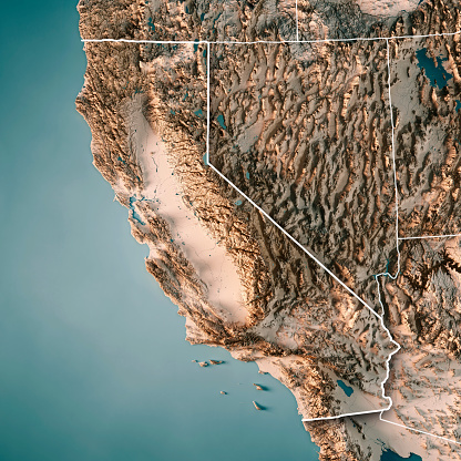 3D Render of a Topographic Map of the State of California, USA.\nAll source data is in the public domain.\nBoundaries Level 1: USGS, National Map, National Boundary Data.\nhttps://viewer.nationalmap.gov/basic/#productSearch\nRelief texture and Rivers: SRTM data courtesy of USGS. URLs of source images: \nhttps://e4ftl01.cr.usgs.gov//MODV6_Dal_D/SRTM/SRTMGL1.003/2000.02.11/N36E120.SRTMGL1.2.jpg\nWater texture: SRTM Water Body SWDB:\nhttps://dds.cr.usgs.gov/srtm/version2_1/SWBD/
