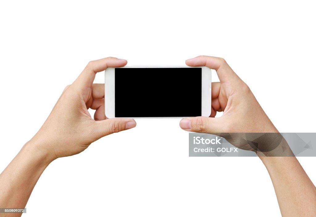 Hand holding mobile smartphone with blank screen. Mobile photography concept. Isolated on white. Landscape - Scenery Stock Photo