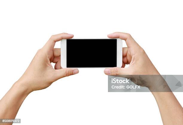 Hand Holding Mobile Smartphone With Blank Screen Mobile Photography Concept Isolated On White Stock Photo - Download Image Now