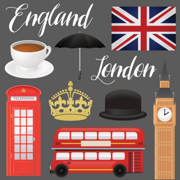 ilustrações de stock, clip art, desenhos animados e ícones de england, london - symbolic icon set illustration. - telephone booth telephone pay phone telecommunications equipment