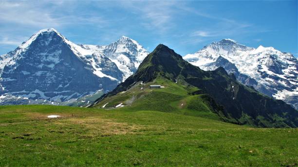 アイガー、メンヒ、ユングフラウ - ベルナー ・ アルプス、スイス連邦共和国の壮大な三位一体 - switzerland european alps schreckhorn horizontal ストックフォトと画像