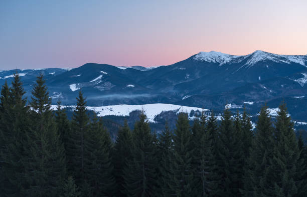 istock Winter landscape of a mountain range at sunset. Pine forest at the foreground 850838022