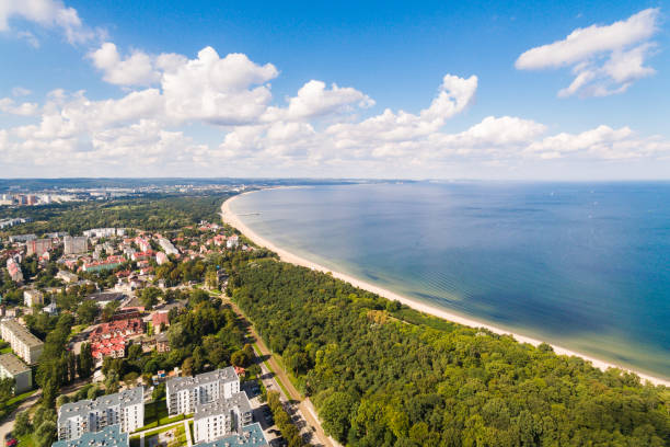 Beach of Gdansk, view from above Aerial view of the beach of Gdansk in summer gdansk city stock pictures, royalty-free photos & images