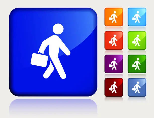 Vector illustration of Businessman Walking on Blue Sticker Button