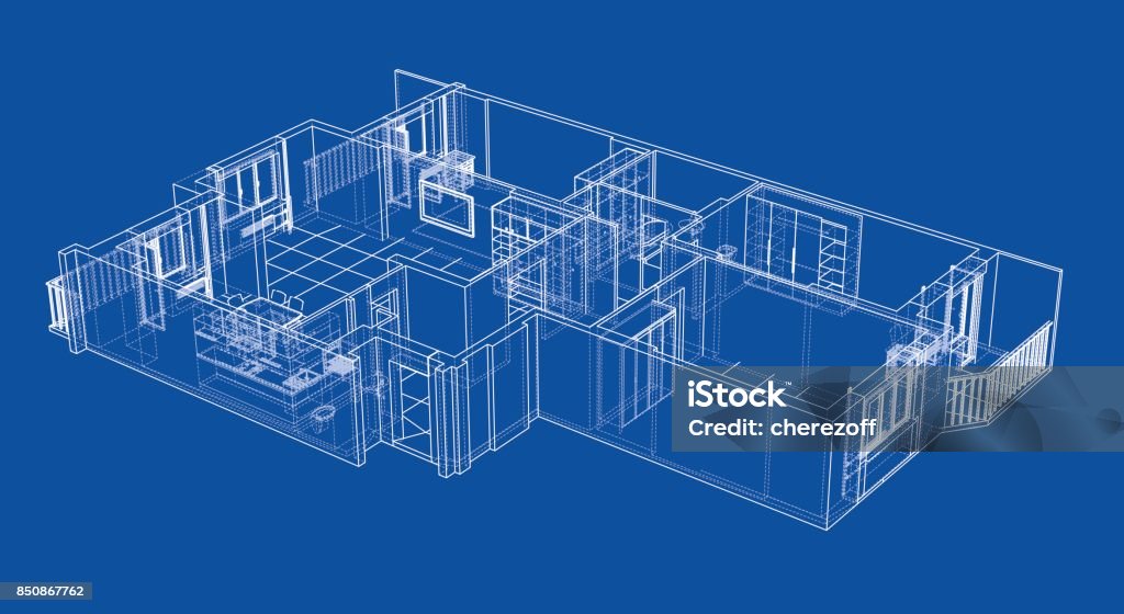 Interior sketch. Vector Interior sketch. Vector rendering of 3d. Wire-frame style. The layers of visible and invisible lines are separated House stock vector