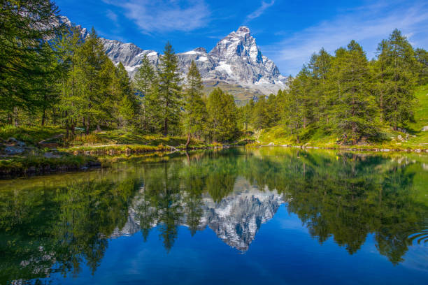 View of the Blue lake (Lago Blu) near Breuil-Cervinia and Cervino Mount (Matterhorn) in Val D'Aosta,Italy stock photo