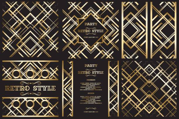 vector retro pattern for vintage party vector retro pattern for vintage party Gatsby style, Art Deco geometric gold pattern triangle building stock illustrations