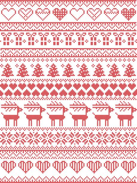 Scandinavian,  Nordic style winter stitching Christmas seamless pattern  including snowflakes, hearts, Christmas present, snow, star, Christmas tree, reindeer and  decorative ornaments in red, white Scandinavian,  Nordic style winter stitching Christmas seamless pattern  including snowflakes, hearts, Christmas present, snow, star, Christmas tree, reindeer and  decorative ornaments in red, white stitched image stock illustrations