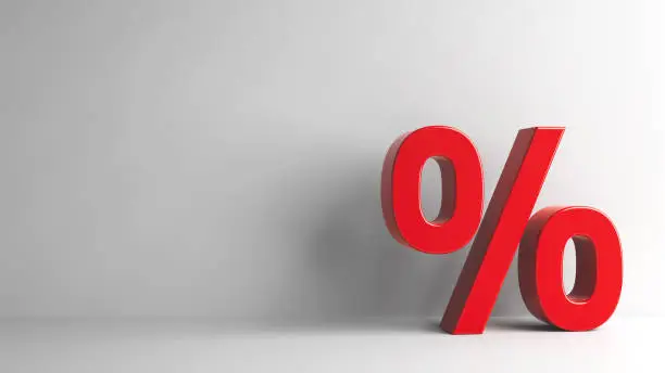 Red Percent sign on grey background, three-dimensional rendering, 3D illustration