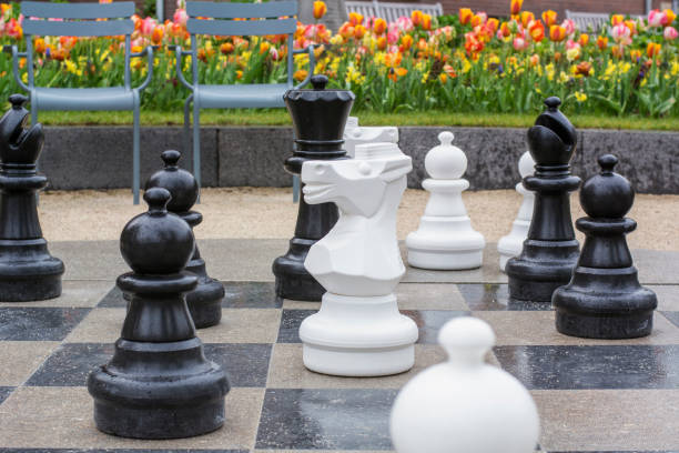 istock Street black and white chess figures are on the chessboard 850888492