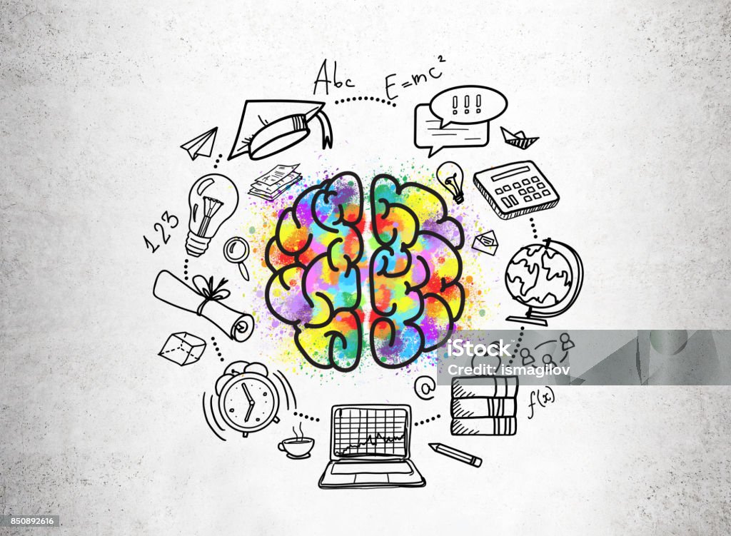 Education icons and a colorful brain sketch Colorful brain sketch in the center of education icons and drawings on a concrete wall. Concept of knowledge and a digital age. Brain Stock Photo