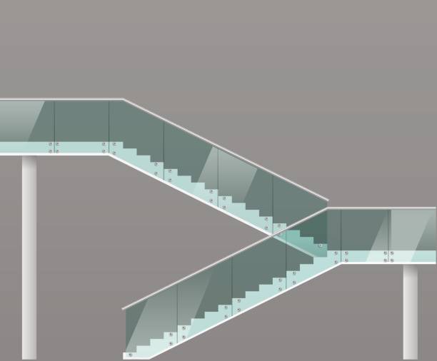 ilustrações de stock, clip art, desenhos animados e ícones de modern staircase with glass railings - escalator shopping mall shopping transparent