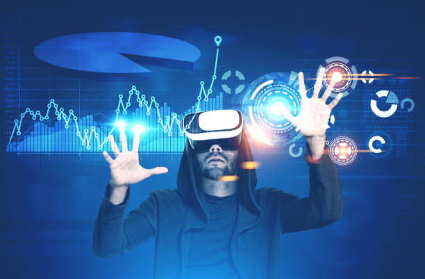 istock Man in VR glasses, graphs and HUD 850894408