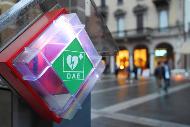 AED. Automatic defibrillator. AED. Automatic defibrillator positioned in an Italian square. defibrillator photos stock pictures, royalty-free photos & images
