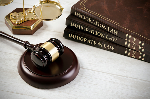 Immigration law book with judges gavel. Refugee citizenship law concept