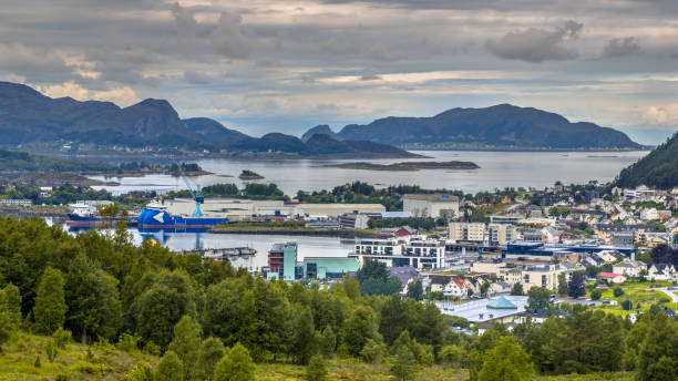 Aerial view over Ulsteinvik town Aerial view over Ulsteinvik town in fjord Norway green map of norway stock pictures, royalty-free photos & images