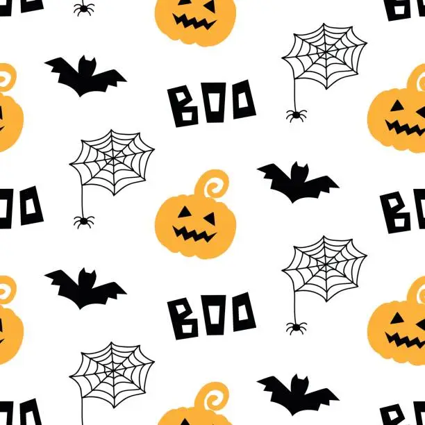 Vector illustration of Halloween seamless pattern with pumpkins, bats and spiders