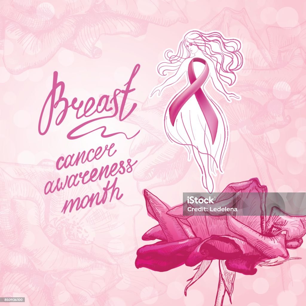 october breast cancer awareness month Beautiful girl with pink ribbon on a floral background. October - Breast Cancer Awareness Month. Health care and medicine concept. Flower stock vector
