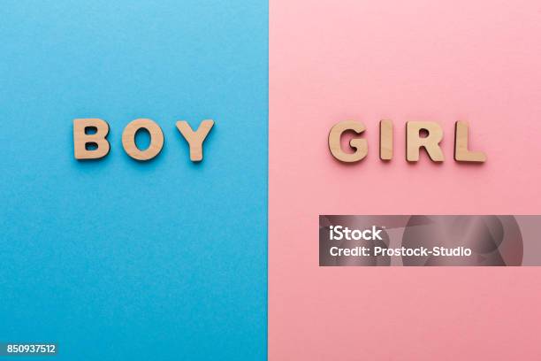 Words Boy And Girl On Bright Backgrounds Stock Photo - Download Image Now - Baby Boys, Boys, Baby Girls
