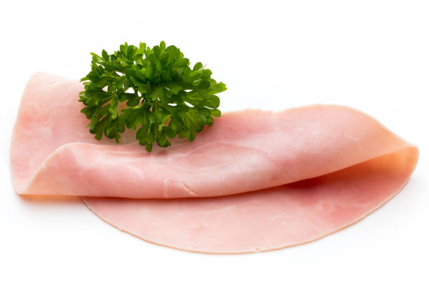 istock Sliced boiled ham sausage isolated on white background, top view. 850943252