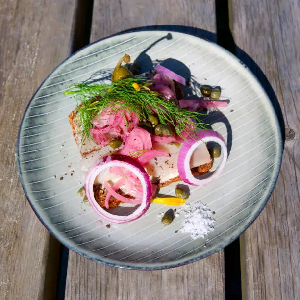 Delicious rye bread with fish, onions, capers, dill and Laesoe sea-salt dressed on a ceramic plate in nordic design as an organic outdoor lunch snack on a sunny summer day on Laesoe island