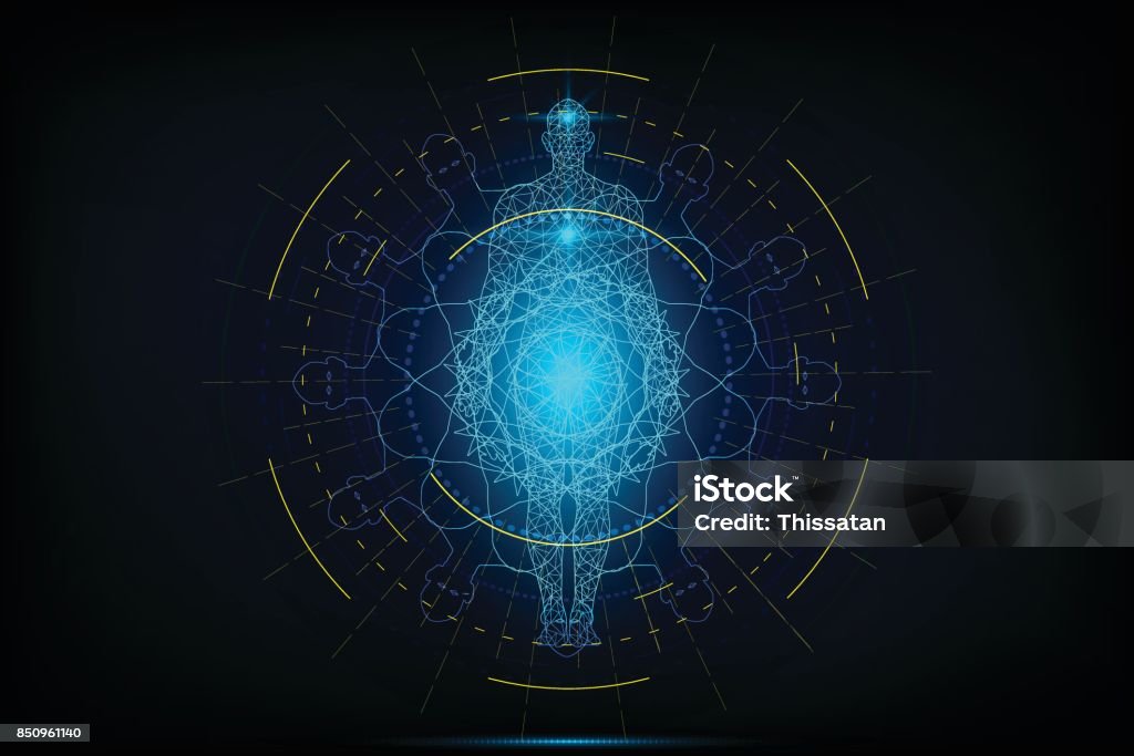 HUD da interface virtual corpo humano poligonal em circular anatômica futuro sistema saúde tecnologia e inovação conceito fundo, ilustração vetorial. - Vetor de Corpo humano royalty-free