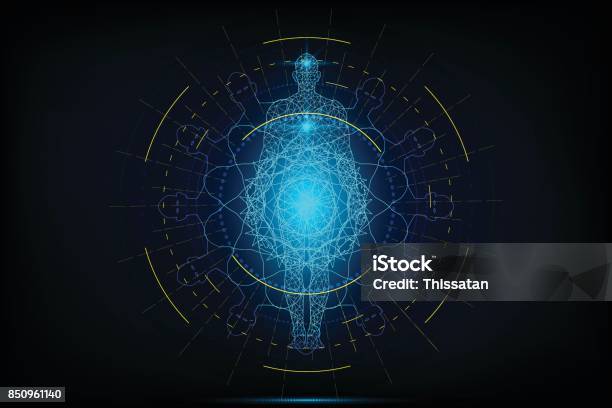 Hud Interface Virtual Human Body Polygonal On Circular Anatomical Future System Health Innovation And Technology Concept Background Vector Illustration Stock Illustration - Download Image Now