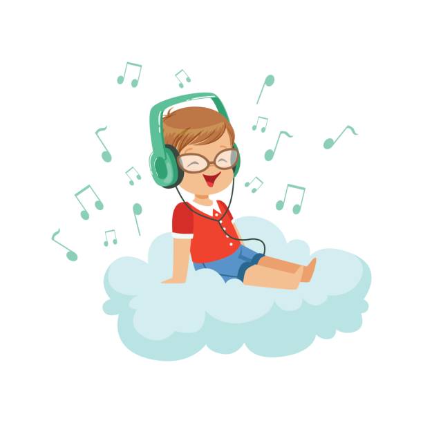 niedlichen kleinen jungen sitzen auf wolke musik hören mit kopfhörern, kinder phantasie und träume vektor-illustration - dreams child little girls listening stock-grafiken, -clipart, -cartoons und -symbole