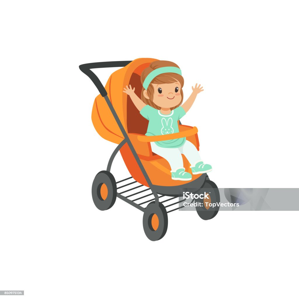 Entzückende Kleine Mädchen Sitzen In Einem Orange Kinderwagen Sicherheit  Griff Transport Von Kleinen Kindernvektorillustration Stock Vektor Art und  mehr Bilder von Baby - iStock