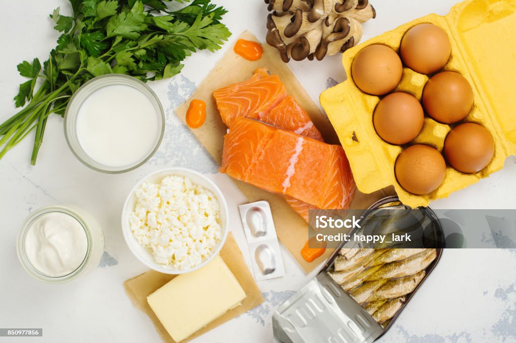 Natural sources of vitamin d and calcium Natural sources of vitamin D and Calcium. Healthy food background. Top view. Space for text Vitamin D Stock Photo