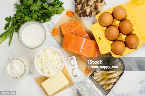 Natural Sources Of Vitamin D And Calcium Stock Photo - Download Image Now - Vitamin D, Food, Vitamin