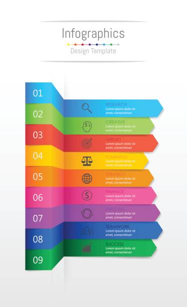 infographic 9 옵션, 부품, 단계, 일정 또는 프로세스, 스티커 메모 용지 개념으로 비즈니스 데이터에 대 한 요소를 디자인 합니다. 벡터 일러스트입니다. - 8 9 살 stock illustrations