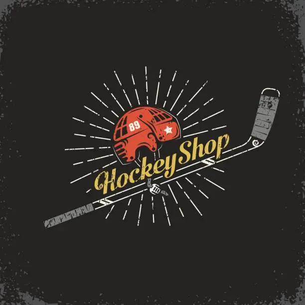 Vector illustration of Retro  for the hockey shop - stick, helmet and inscription