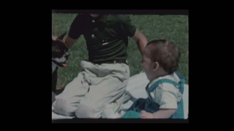 Young boy and baby brother play with dog on blanket in yard