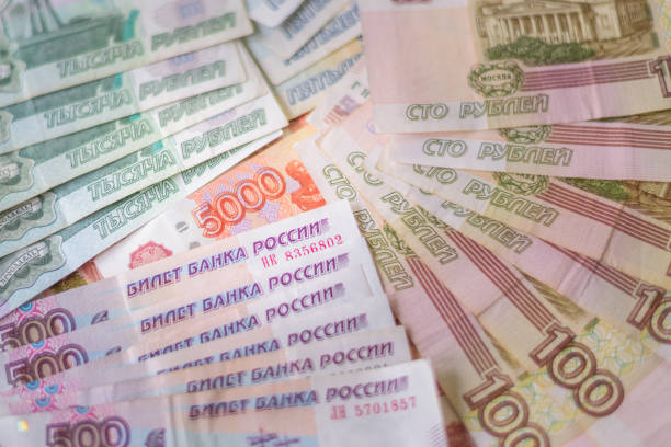 istock Bundle of bank notes roubles, Russian big money. 850996108