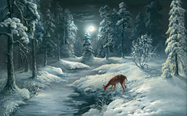 ilustrações de stock, clip art, desenhos animados e ícones de winter night in forest, oil painting - paintings landscape fairy tale painted image