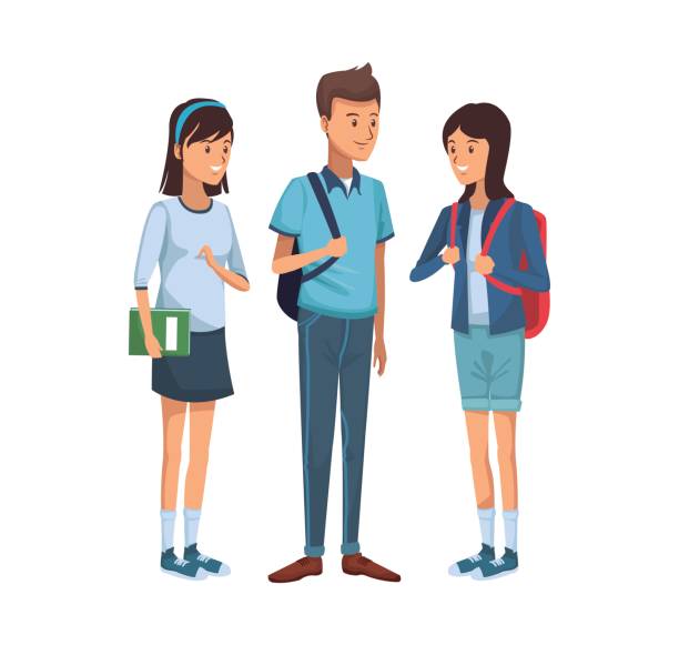 ilustrações de stock, clip art, desenhos animados e ícones de colorful women students standing and boy with briefcase side - bow lake