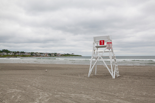 Watchtower on the empty beach in Middletown, Newport County, Rhode Island, USA