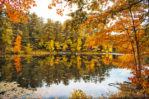 Colors of late Autumn on reflective lake.