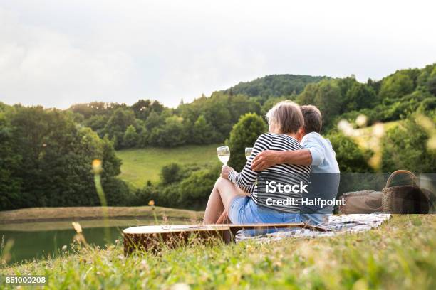 Senior Couple At The Lake Having A Picnic Stock Photo - Download Image Now - Picnic, Retirement, Couple - Relationship