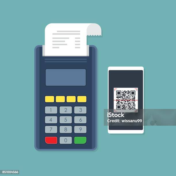 Pos Terminal Payment By Smartphone Qr Code Scan Vector Illustration ...