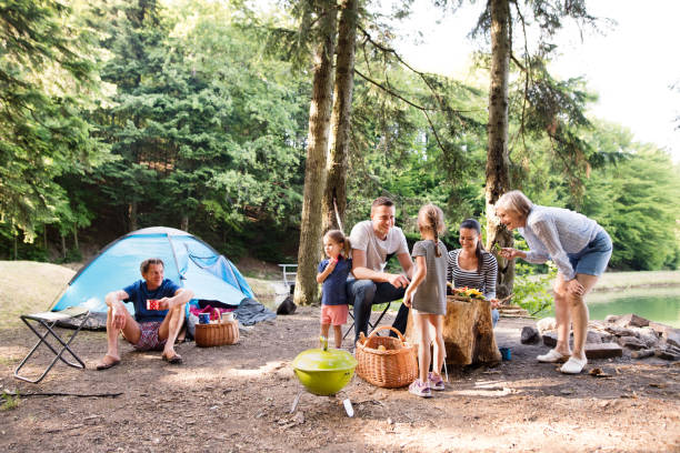 красивая семья кемпинг в лесу, есть вместе. - camping family summer vacations стоковые фото и изображения