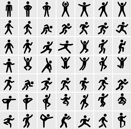 People in motion Active Lifestyle Vector Icon Set. This black and white icon set featured 49 icons of stick figure people in various positions. They are ideal to illustrate active and healthy lifestyle. Each icon is designed to be used on it's own or as part of this set.