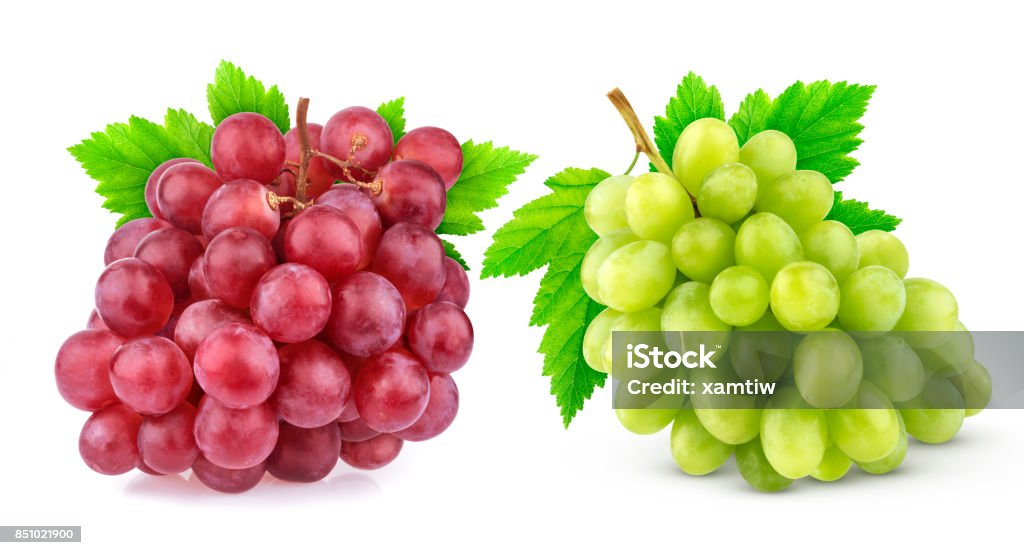 Red and green grape with leaves isolated on white background. Studio shot. Collection Red and green grape with leaves isolated on white background with clipping path. Studio shot. Collection Red Grape Stock Photo